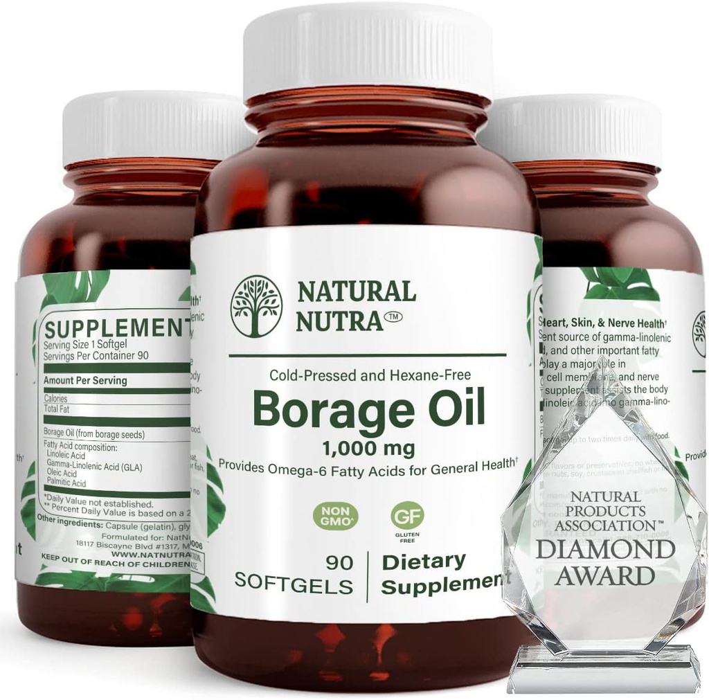Suplemen Natural Borage Oil - Rich in Gamma-linolenic Acid (GLA), A PowerOmegaga- 6 Estist Acid dikenal untuk Pendukung Skin, Nerve, dan Gabungan Kesehatan 90 Softgels.