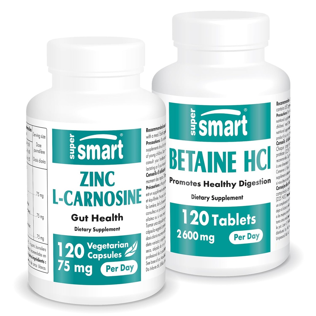 Supersmart - Zinc L-Carnosine + Betaine HCI Bundle (Gastric Health) 104- GMO & Gluten Free - Vegetarian Capsules