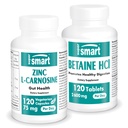 Supersmart - Zinc L-Carnosine + Betaine HCI Bundle (Gastric Health) 104- GMO & Gluten Free - Vegetarian Capsules