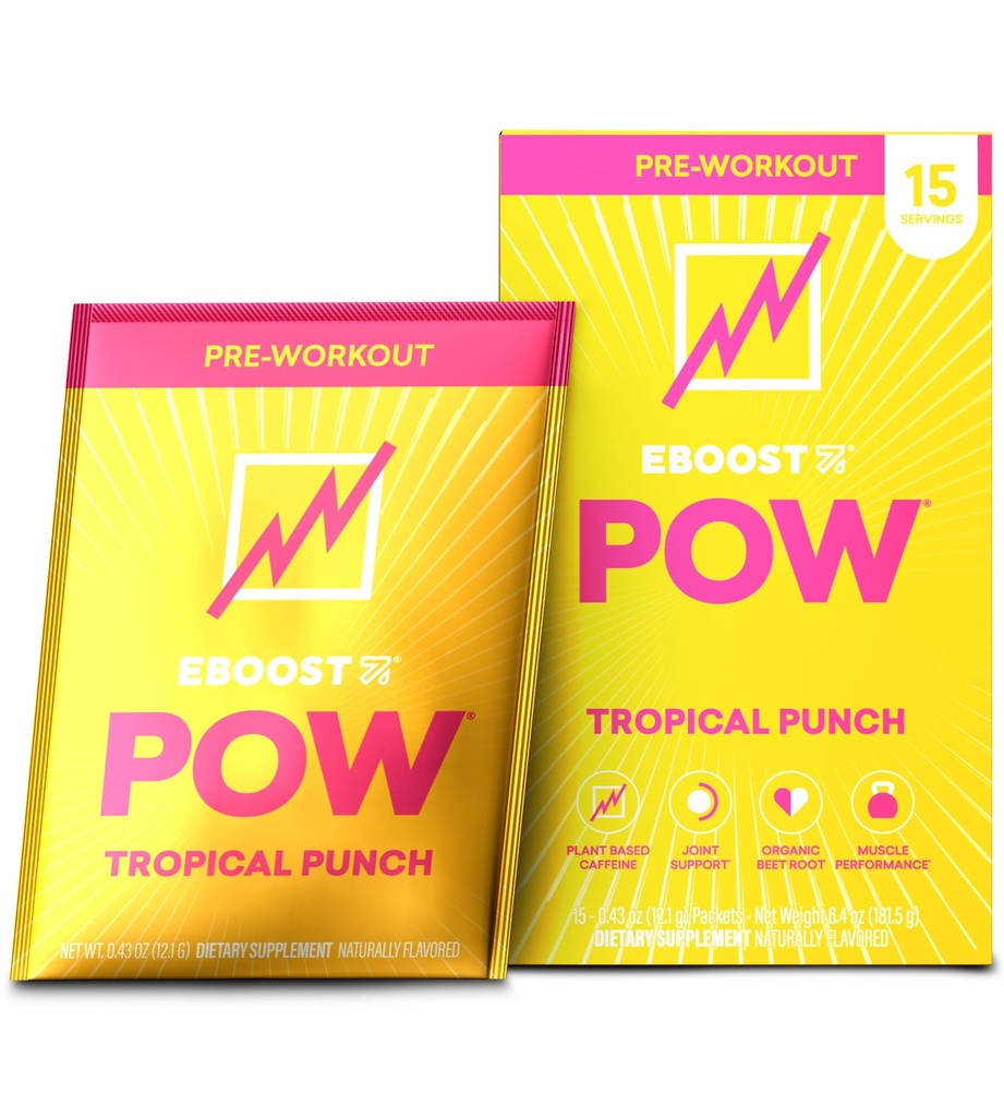 EBOOST POW Natural Pre Workout Powder - 15 Paket, Tropical Punch - Pretraining Energy Booster Supplemen Minum Mix untuk Pria dan Wanita - Performance, Dukungan Mobilitas Gabungan - Gluten-Free