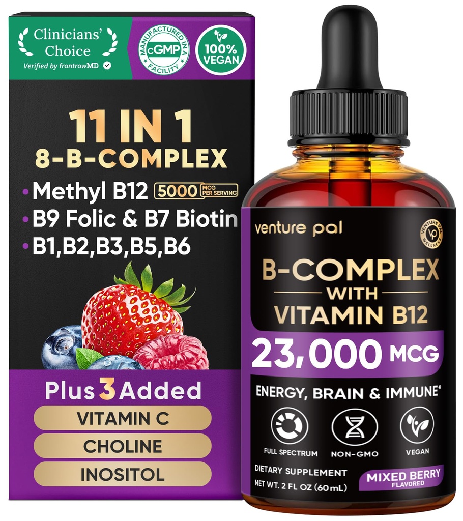 Venture Pal Vitamin B Complex Liquid Drops, B12 Methylcobamin 124; B9 Folic 124; B1, B2, B5, B6, B16 - Vitamin C, Choline, Inositol, Imune & Energy Metabolisme, Brain & Heart Support