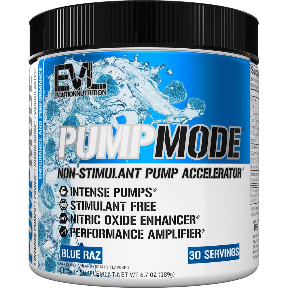 EVL PumpMode Nitric Oxide Suplement - Nitric Oxide Booster Pompa Poster Workout Powder dengan Glycerol dan Betaine untuk Pembangunan Otot dan Endurance - Stim Free Pre Workout Minum (Blue Raz)