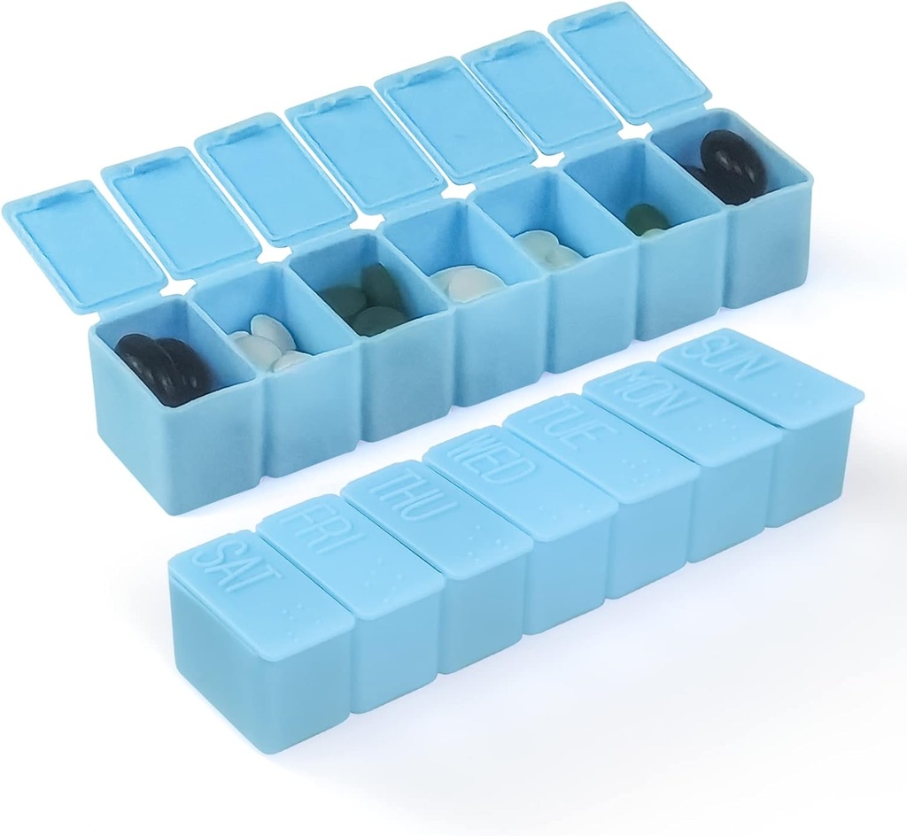 Weekly Small Pill Organizer, 7 Day Pill Case, Daily Vitamin Case Medicine Box, Pill Containers for Medicine Suplemen Fish Oil (2Pcs, Blue)