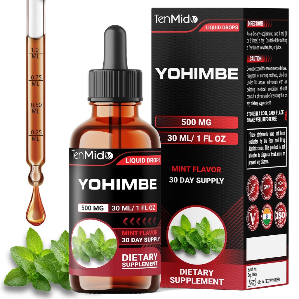 Suplemen Yohimbe untuk Pria & Perempuan - Yohimbine 10mg Liquid Drops 12.4; Alcohol- Free, Vegan, Non-GMO - 30ml 1 Fl OZ