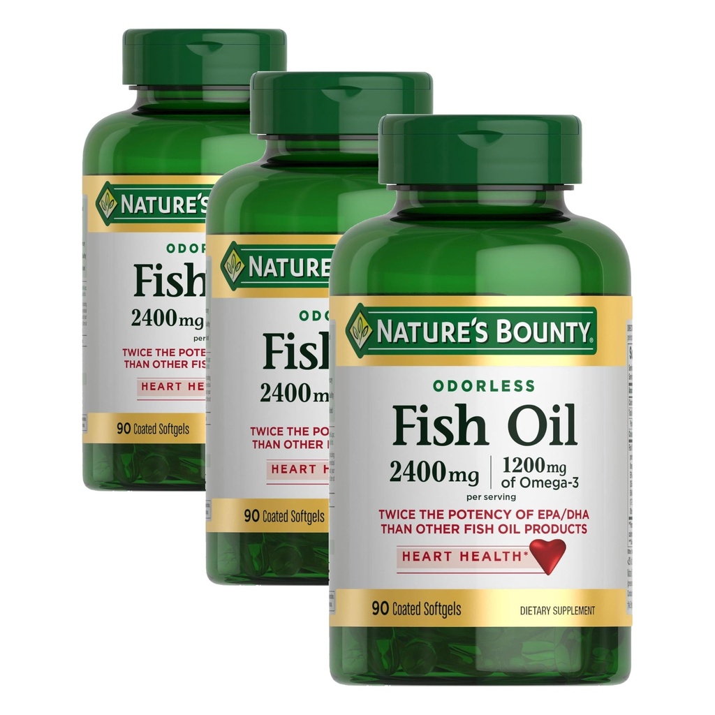 Nature 's Bounty Odorless Fish Oiil, 1200mg Omega-3 per Serving Including EPA & DHA, Pasokan Kesehatan Jantung, Purifikasi Merkurius, Softgeels Coated, Gluten Free, Tidak Shellfish, 90 Count, (Paket 3)