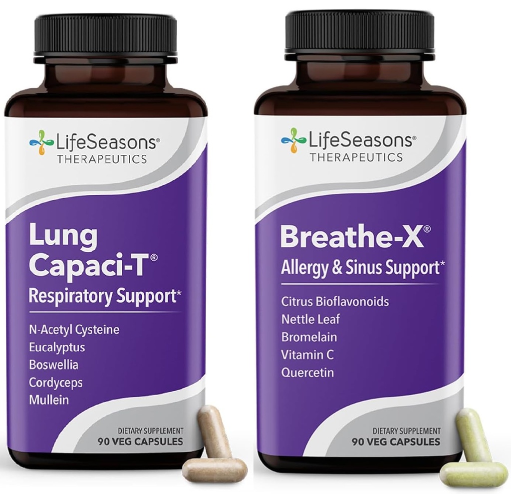 LifeSeasons Breathe- X dengan Lung Capaci-T - Allergy & Respiratory - Relief Akting Cepat Sinus - Meningkatkan Kapasitas Oksigen & Reduces Mucus - 180 Capsules