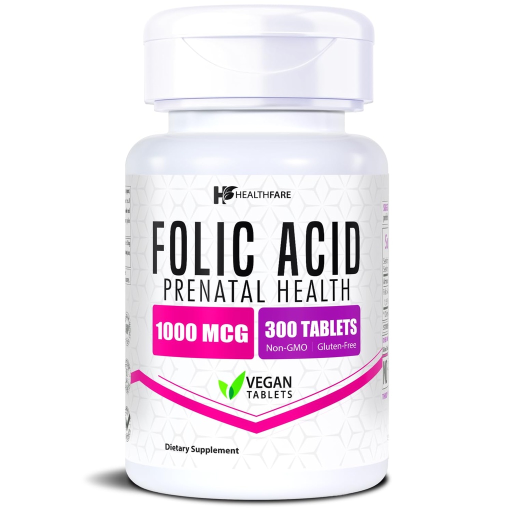Healtfare Folic Acid 1000mcg 124; 300 Veg Tablet 124; Vitamin B9 B9 124; Gluten- Bebas 124; Non- GMO 124; Dibuat di USA