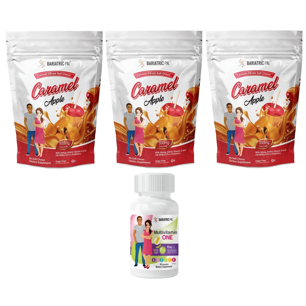 BariatricPal 90- Day Bariatric Vitamin Bundle (Multivitamin ONE 1 per hari! Capsule dengan 45mg Besi dan Calcium Citrate Soft Chews 500mg dengan Propoles - Caramel Apple)