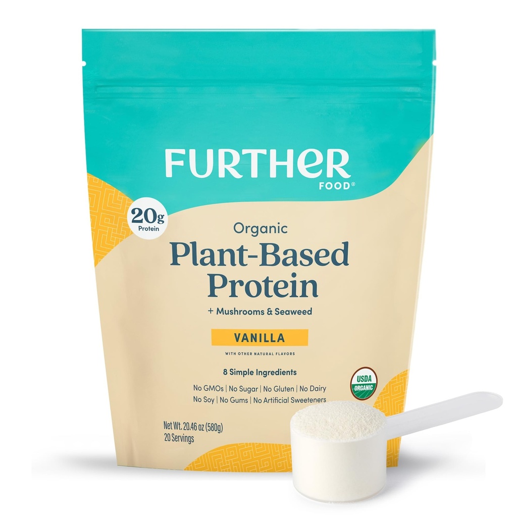 Further Food Organic Vegan Protein Powder Vanilla – 20g Pea Protein with Mushrooms & Seaweed, Non-GMO, Gluten Free, Sugar Free, 20.46 Oz