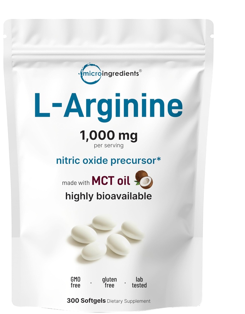 Mikro Ingrediens L-Arginine 1000mg dengan MCT Oil, 300 Softgels 124; Nitric Oxide Precelsor * for Men & Women & Women 124; Extra Amino Acid Formula untuk Daily Wellness 124; Non-GMO, Gluten Free, No Soy