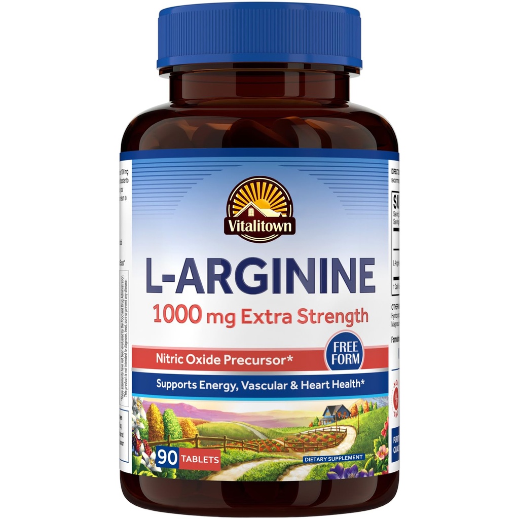 Vitalitown L- Arginine for Men & Women, 1000 mg, Nitric Oxide Booster Suplemen, Tidak Gluten, Non-GMO, Endurance, Workout, Blood Flow Dukungan, 90 Tablet