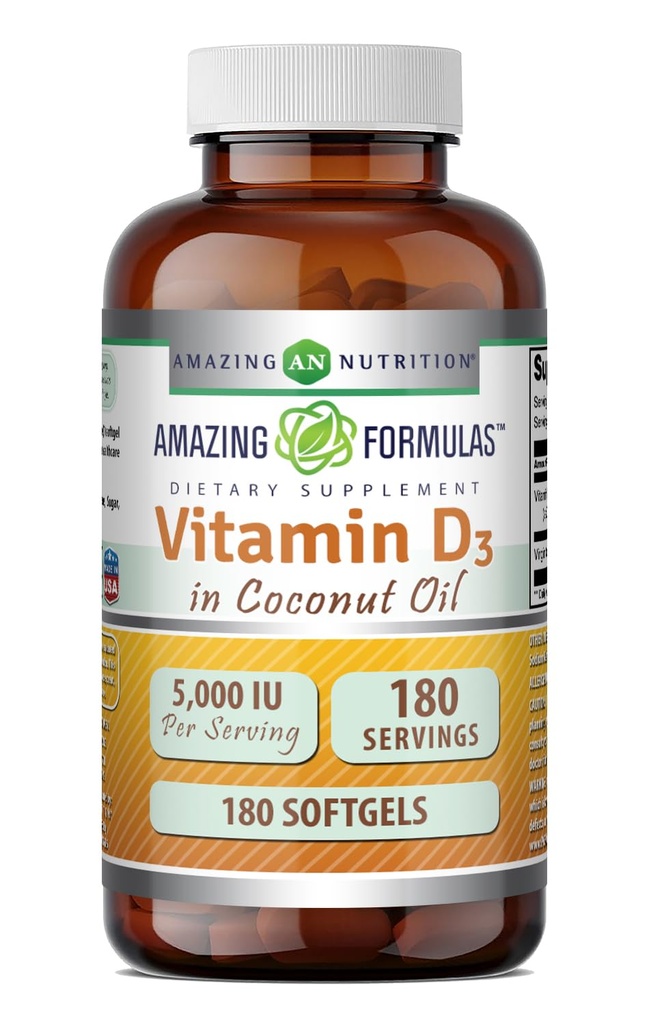 Amazing Formulas Vitamin D3 dengan Suplemen Minyak Coconut £124; 5000 IU Per Serving £124; 180 Softgels 14; Non-GMO 124; Gluten Gratis 124; Dibuat di AS
