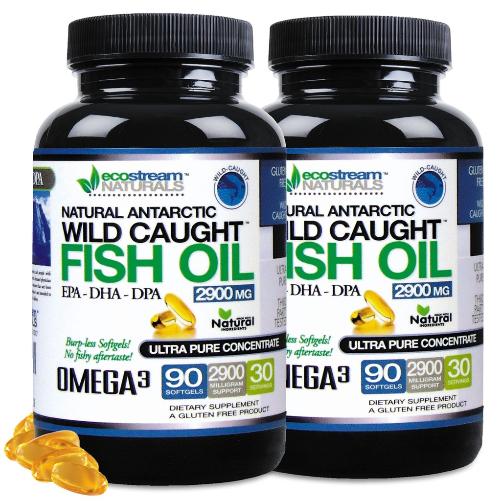 (Paket 2) Alam Antartika Liar Menangkap Omega 3 Ikan Oil DPA- EPA- DHA Tambahan 2.900 Miligram Triple Kekuatan Murni Terkonsentrasi SoftGels - Tidak ada Fish Tasting Burps