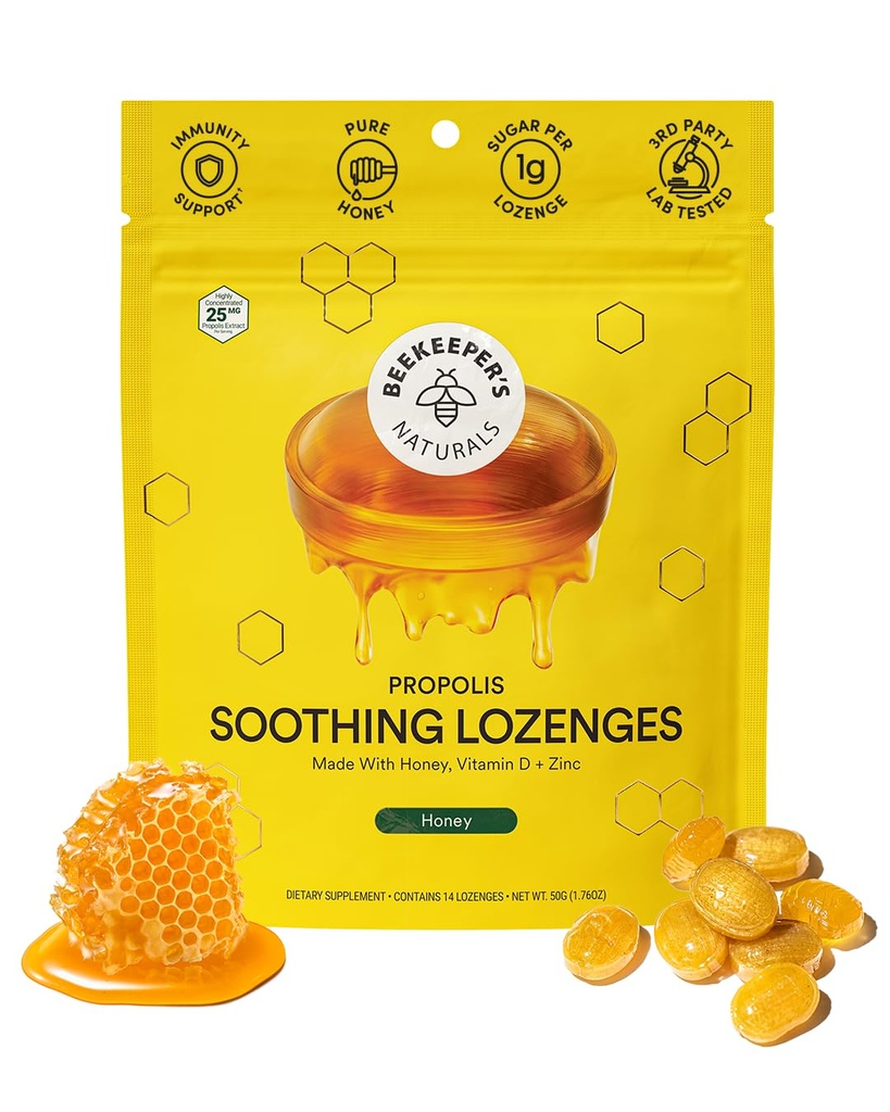 Sooting Honey Cough Drops - Dukungan Imune dengan Vitamin D, Zinc dan Propolis - oleh Beekeeper - Throat Sootthing Lozenges, 14 Ct