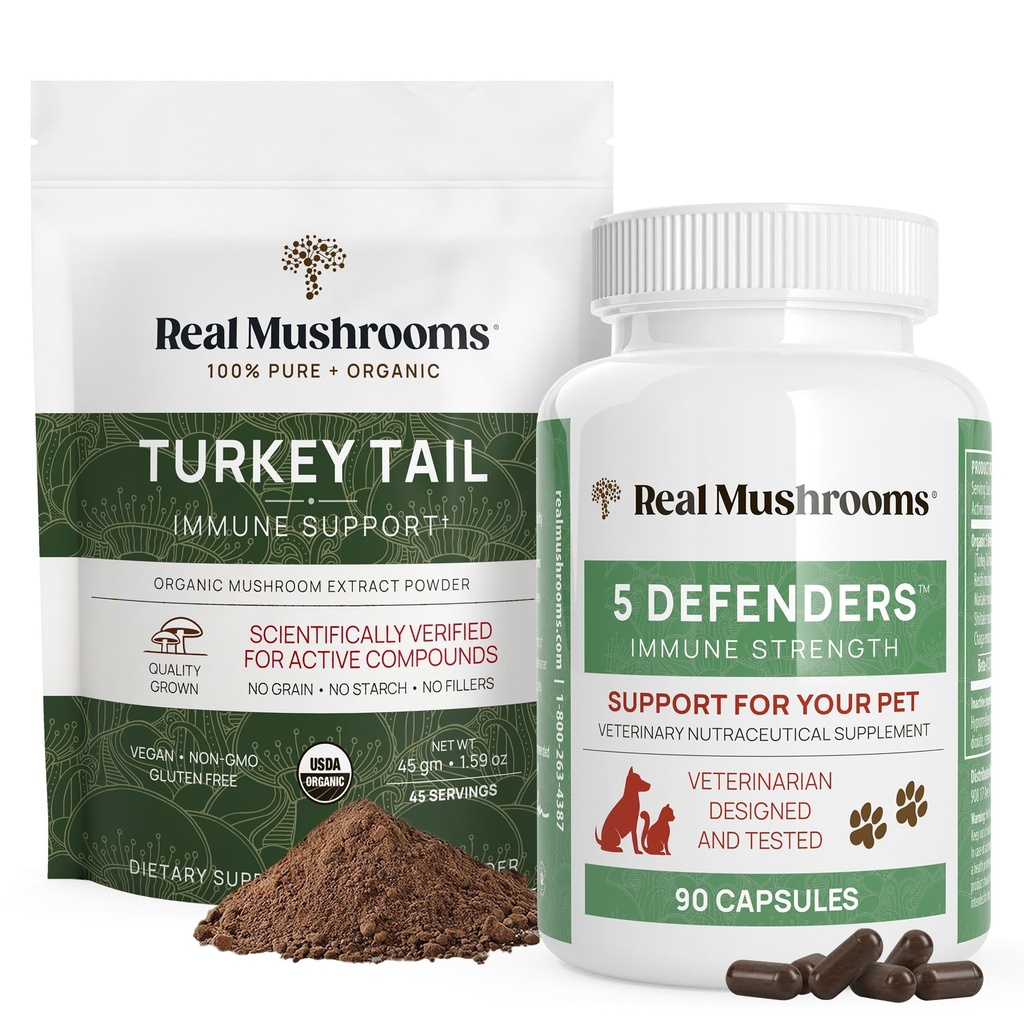 Jamur asli Turkey Tail Powder untuk Manusia (45 Pelayan) & Turkey Tail for Pets (90ct) - Powder & Capsules Bundle untuk Dukungan Imune - Vegan, Non- GMO, Grain- Free, Gluten- Free