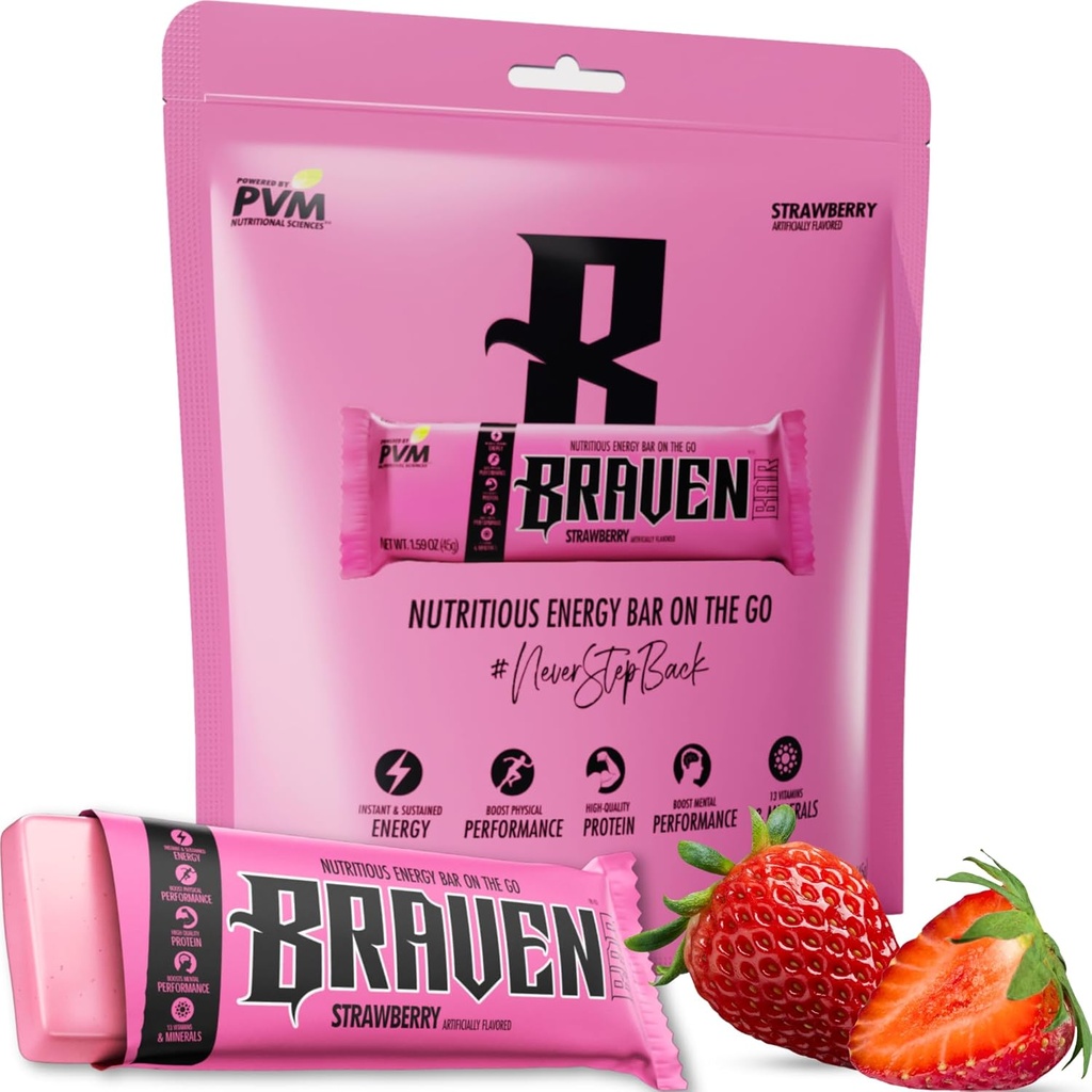 Braven Bar Strawberry Energy Bars (1.59 oz, Paket 10) - Energi Mengunyah Alternatif dengan 5g Protein - OntheGo Snacks untuk Running, Hiking, dan Olahraga - Gluten Free Snacks - Bars Protein