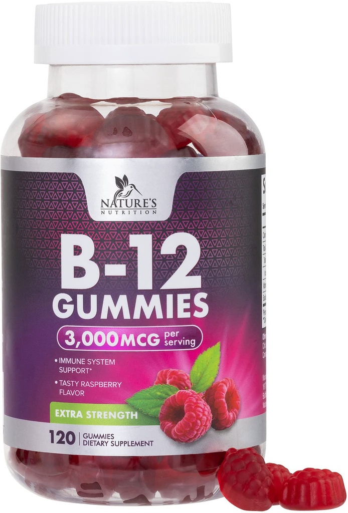 B12 Vitamin Energy Gummies 3000 mcg - Ekstra Kekuatan B 12 Gummy untuk Metabolisme & Imune System Dukungan - Suplemen Dietary B12 Chewable untuk Orang dewasa & Anak Kafeine Free Gummy Vitamin - 120 Gumin