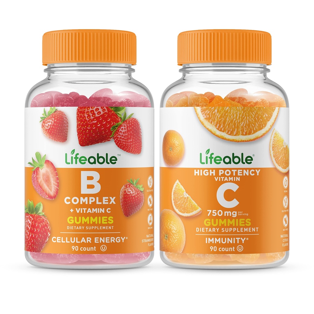 Kompleks B Lifeable + Vitamin C 750mg, Gummies Bundle - Great Tasting, Vitamin Suplemen, Gluten Bebas, GMO Bebas, Dapat Dikunyah