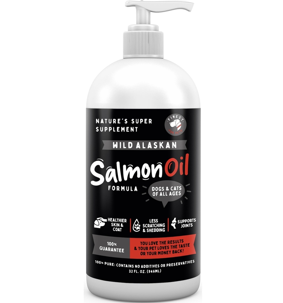 Finest For Pets Wild Alaska Salmon Oil for Dogs & Cats - Omega 3 Fish Oil with Pollock & Salmon for Sensitive Skin & Coat Health. EPA & DHA Ease Itching, Supports Joint, Immune & Heart Health (32oz)