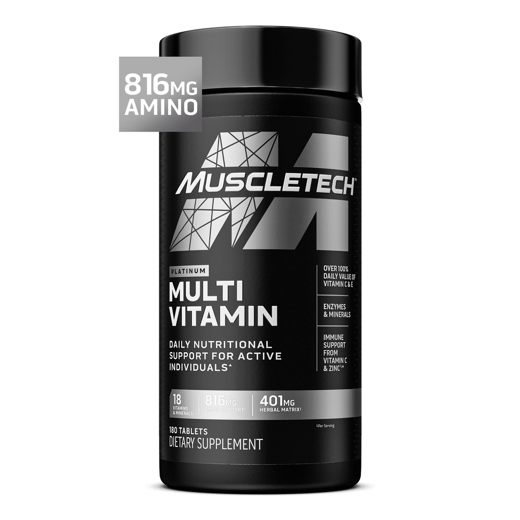 Muscletech Multivitamin Platinum untuk Pria & Perempuan - Tambahan MultiVitamin untuk Dukungan Imunitas - 18 Vitamin & Mineral, Vitamin A C D E B6 B12 - Suplemen Pekerja Harian untuk Pria - 180 Kapsul