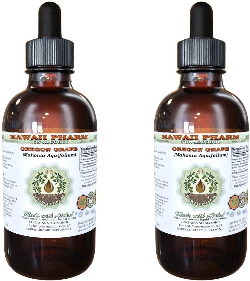 Hawaii Pharm Oregon Grape Alcohol- Free Liquid Extract, Oregon Grape (Mahonia aquifolium) Root Kering Glycerite Natural Herbal Suplemen, USA 2x2 F.oz