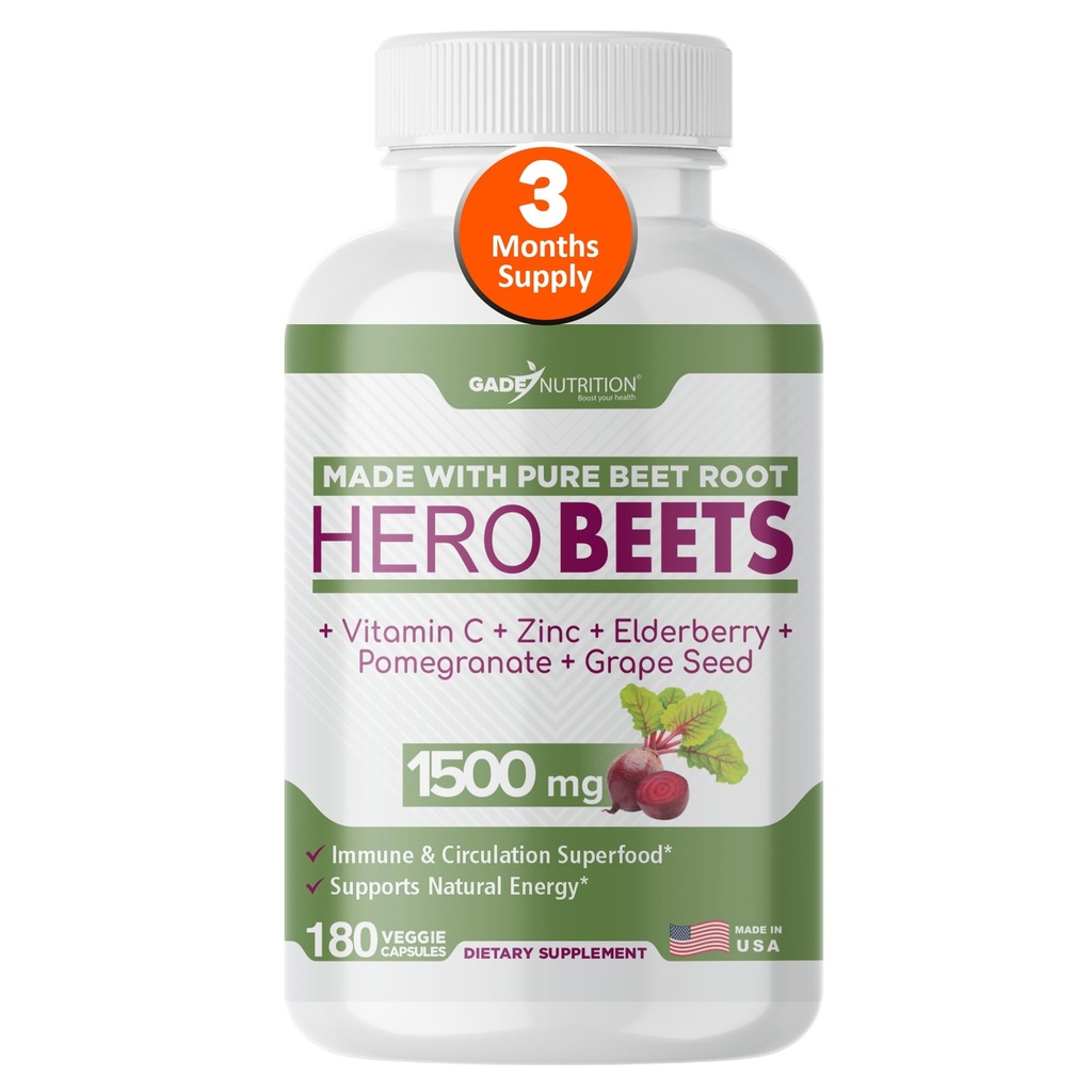 Gade Nutition Hero Beets - Beet Root Capsules 1500mg - Organic Beet Root Powder + Vitamin C Zinc, Elderberry, Pecaciate, Grape Seed Extract - 3 Bulan Suppply