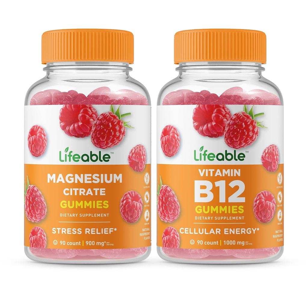 Lifeable Magnesium + Vitamin B12, Gummies Bundle - Great Tasting, Vitamin Suplemen, Gluten Free, GMO Free, Chewable Gummy