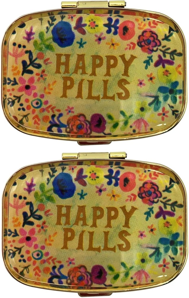 AmyZone Metal Pill Organizer Compact Pill Box Cill Case to Hold Vitamin / Tylenol / Fish Oil / Suplemen / Meds / Tablet for Purse / Pocket (Happy Pil 2 pcs with Mirror Inside)