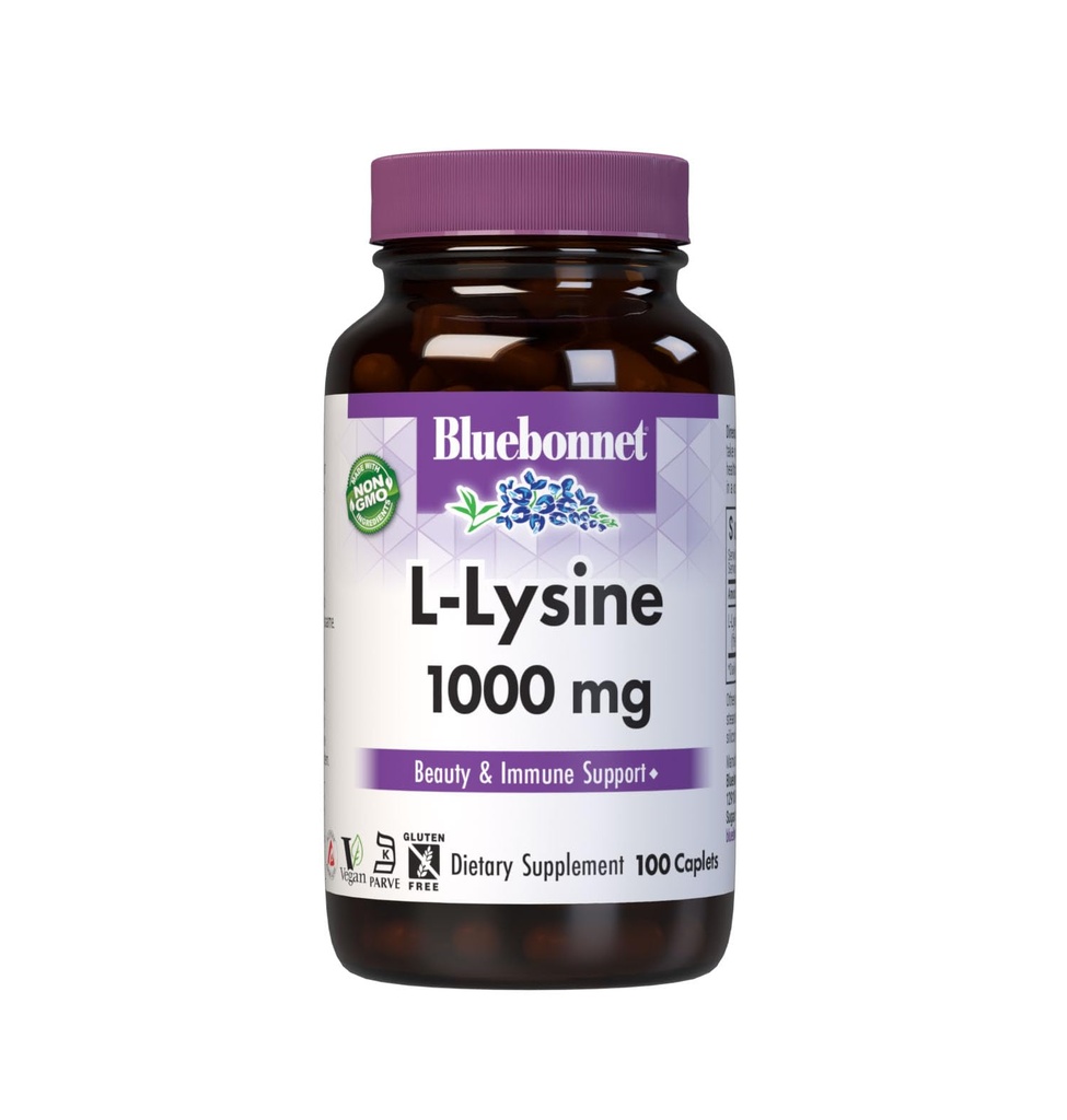 BlueBonnet L-Lysine 1000mg Escult Amino Acids Suplemen - Imune & Collagen Dukungan Support Suplemen Perempuan & Men - Non-GMO, Vegan & Gluten- Free - 1000 mg L Lysine Per Serving - 100 Caplets