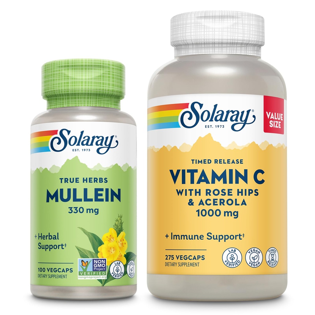 SOLARAY Vitamin C 1000mg dan Mullein Leaf Wellness Bundle - Time Rilis Vitamin C Suplement dan Mullein Capsules, Secara tradisional Digunakan untuk Wellness Dukungan - Vegan, Jaminan 60- Day, 275 / 100 VexCaps