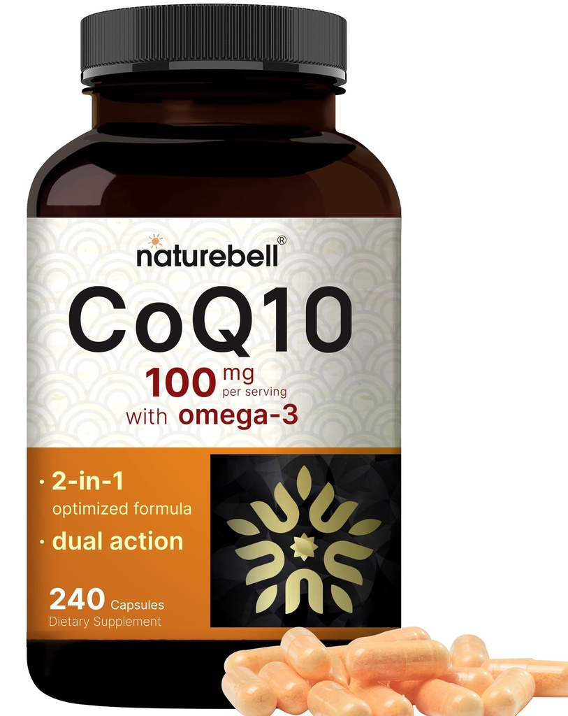 NatureBell CoQ10 100mg dengan Omega 3, 240 Capsules 124; Bentuk Absorpsi Tinggi Stabil - Antioksidant Dukungan untuk Kesehatan Hati & Energi - Tambahan Koenzim Q10