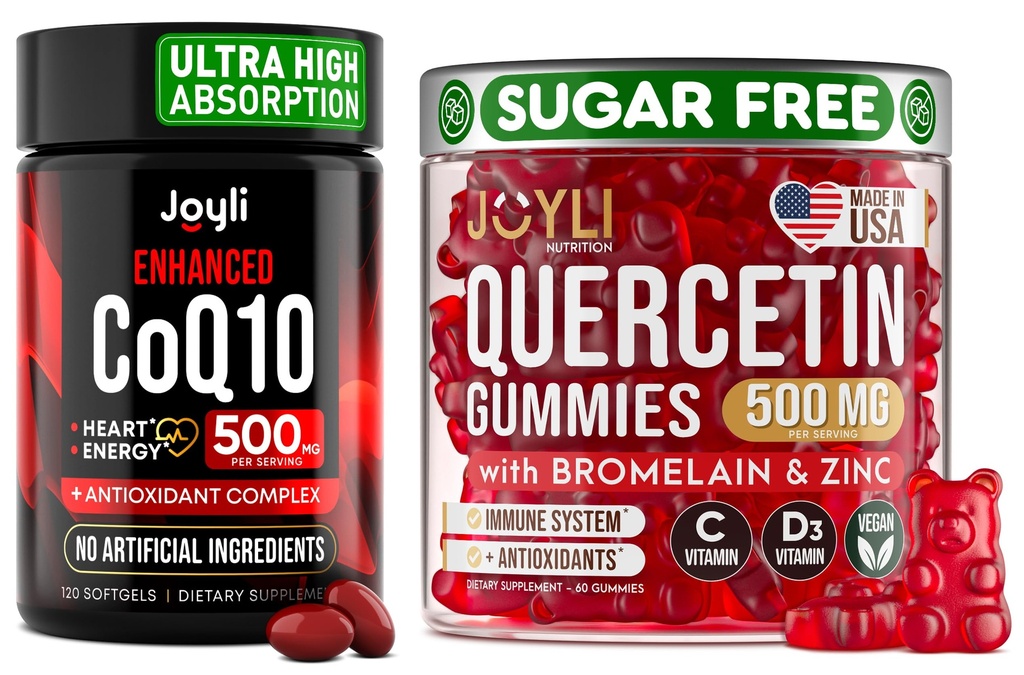 Quercetin dengan Bromelain & CoQ10 500mg Bundle - 120 Koenzim Q10 Softgels + 60 Sugar- Free Quercetin Gummies dengan Zinc, Vitamin C & D3 - Imune, Heart & Energy Dukungan Amerika Serikat
