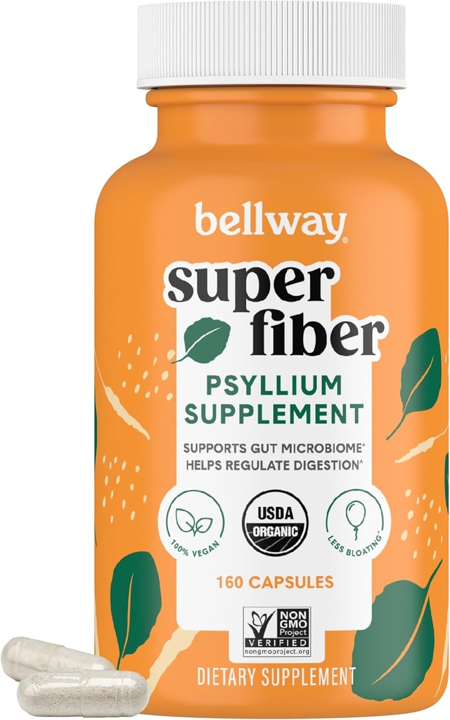 Bellway Super Fiber Capsules - USDA Organik Psyllium Hussules - Daily Psyllium Husk Fiber Suplemen untuk Kesehatan Digetical dan Regularitas - Tanaman Berdasarkan, Non-GMO, Kosher - 160 Kapsul