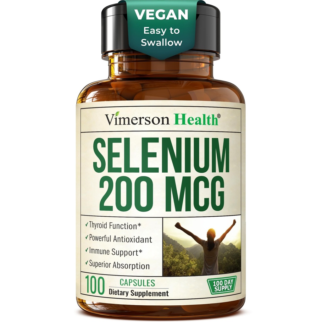 Selenium 200 mcg Kapsul - Suplemen Selenium Tertinggi - Stenium untuk Thyroid, Antioksidant & Imune Dukungan - Sangat Bioavable L- Selenomethionine Suplemen Mineral - Vegan, 100 Kapsul