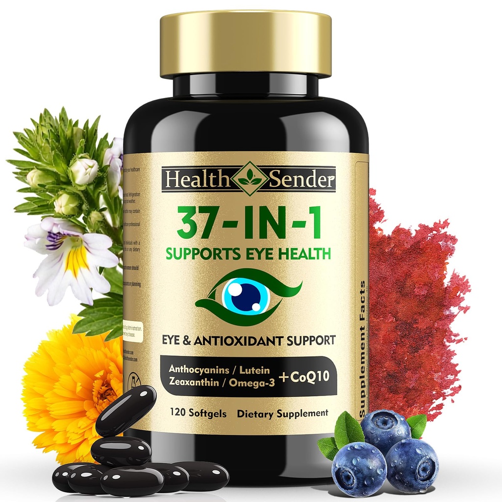 37 dalam 1 Eye Vitamin dengan Lutein dan Suplemen Weixanthin - Tambahan Mata dengan CoQ10, Omegaga-3, Dukungan Kesehatan Mata Mineral untuk Orang Dewasa dan Senior, Penyesuaian Penglihatan Harian, 120 Black Softgeels