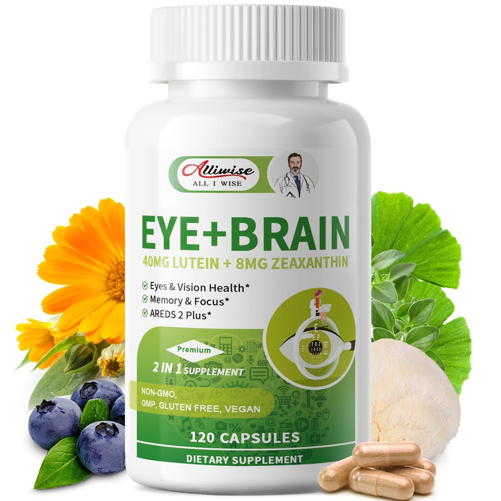 Suplemen Eye + Brain untuk Memory and Focus, Lutein 40mg, Alaxanthin, Astaxanthin, Bilberry, Lion 's Mane, Bacopa Monnieri, Ginkgo Biloba, 14 in 1 Eye Vitamin for Adults & Seniors 120 Capsules