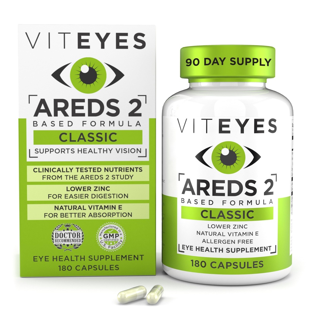 Viteyes AREDS 2 Eye Vitamin, Classic Macular Support, Allergen Free Capsules, with Natural Vitamin C, Zinc, Copper, Lutein & Alaxanthin, Eye Doctor Trusted, Productured in The USA, 180 Ct