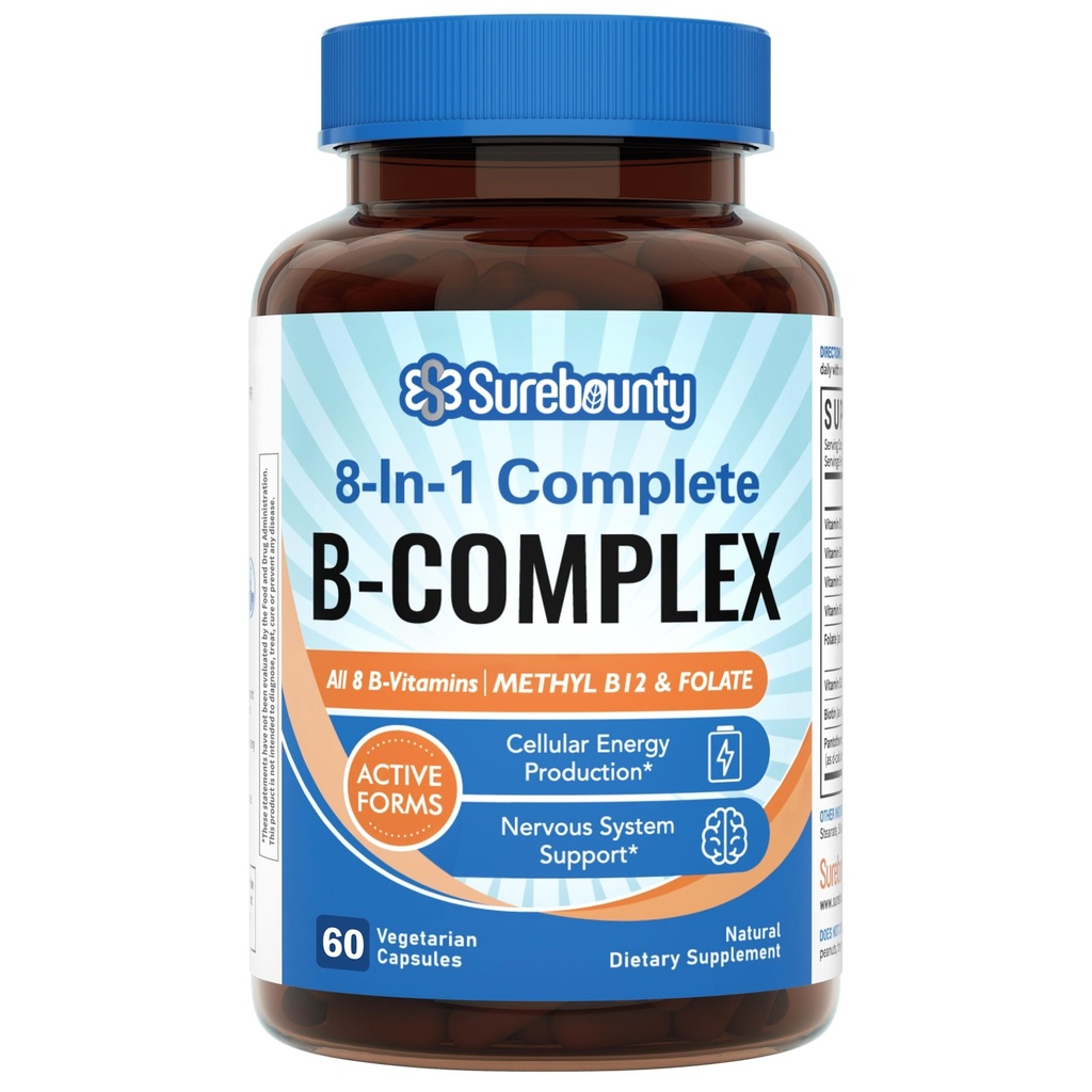 8-in- 1 Vitamin B Kompleks untuk Women & Men, Super B Complex Vitamin, B12, B1, B2, B3, B5, B9, Biotin, Folate, Form Metode, Energi, Nerve, Dukungan Darah, 60 Caps