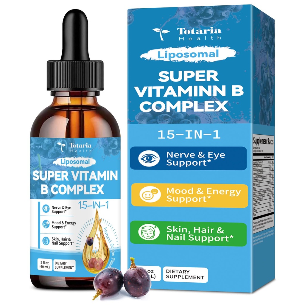15 in- 1 Lipomal Vitamin B Complex Pro, Sugar- free B Complex Drops with B1, B2, B3 Niacinamide, Choline, B5, B6, B7 Biotin, Inosiol, Fociol, B12, Zinc, Lutein, Alaxanthin, Taurine & Vit. C, 2 fli oz.