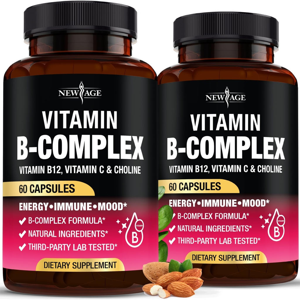 Vitamin B Complex for Men & Women - Made in USA - B-Complex: B1, B2, B5, B6, B8, B9, B12 with Vitamin C, Choline, Inositol - Energy, Brain & Heart Suplemen - 120 Vegan Capsules