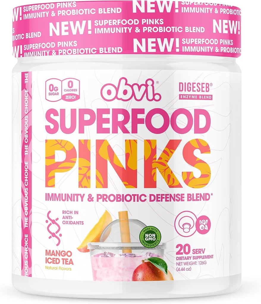 Obvi Superfood Pinks Probiotic Blend 124; Rich in Antioxidants, Adaptogens, Digetical Enzyme Blast, Imune Dukungan, Gut Health 124; Keto, Gluten- Free, No Sugar, 10 Milyar CFU 124; Mango Iced Tea, 20 PNS