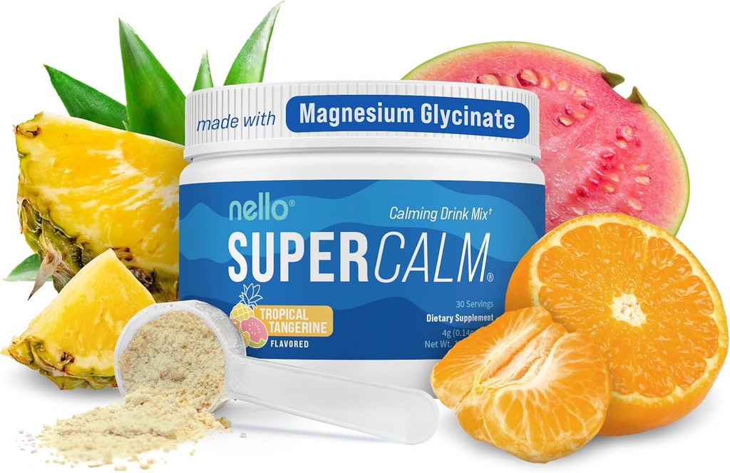 Nello Supercalm Towers Drum Mix, Tropical Tangerine, L Theanine, KSM-66 Ashwagandha, Magnesium Glycinate, Vitamin D 3, Suplemen untuk Relaxation & Focus, Natural, No Sugar, Non GMO, 30 Srvg