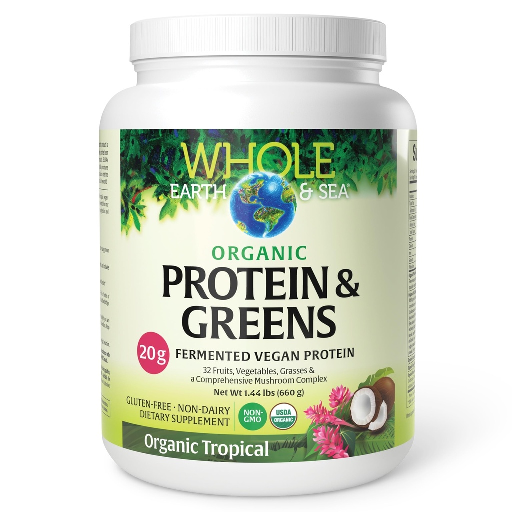 Seluruh Bumi & Sea dari Natural Factors, Protein Fermentasi Organik & Hijau, Vegan Whole Food Suplemen, Tropical, 1lb 7.3 Oz