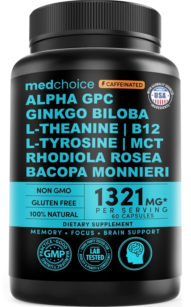 12-in-1 Nootropic Brain Suplemen dengan Caffeine Anhidlous: Ginkgo Biloba untuk Dukungan Otak, Memori dan Fokus - B12, Alpha GPC, L Theanine dan Choline Suplemen dengan Bioperin dengan 1321mg (60km)