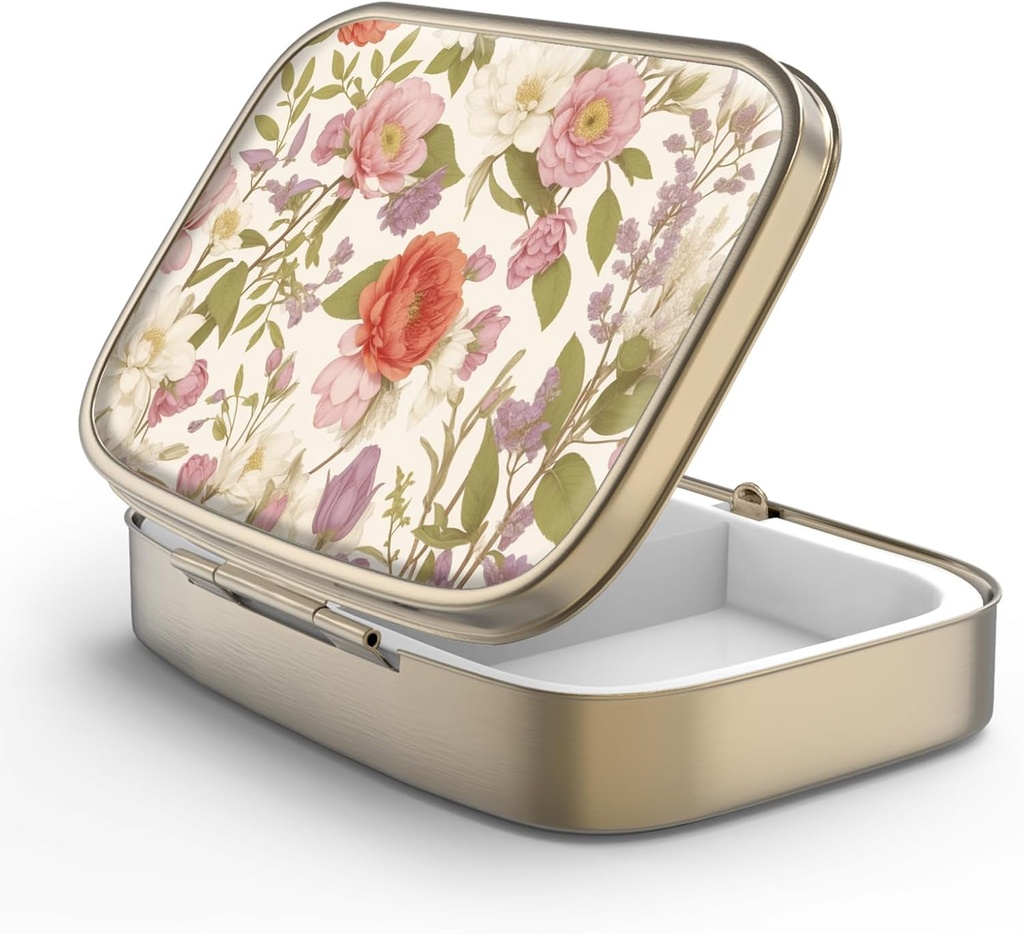 Pill Case Pill Box dengan Mirror Retro 2 Comment Kasus Kecil Pil Kecil untuk Purse atau Pocket Bronze Kotak Pill Rectangular atau Vitamin, Minyak Ikan, Suplemen, Pill Containe Travel Gift Caster Retro Red Flowers