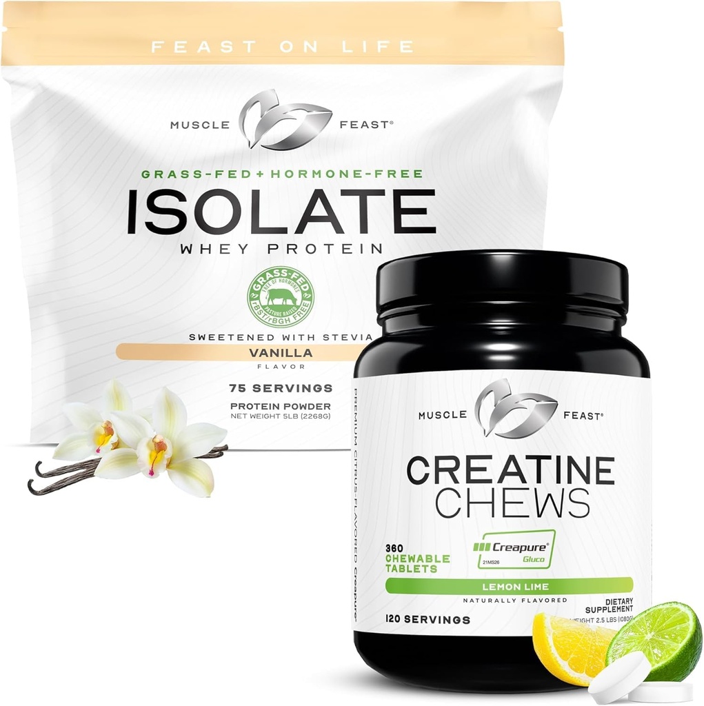 Isolasi Muscle Feast + Creatine Candy Bundle: 1 Whey Protein Isolasi (Vanilla, 5lb) + 1 Creatine Candy (Lemon Lime, 360) Suplemen Premium, Vegetarian, Gluten Free
