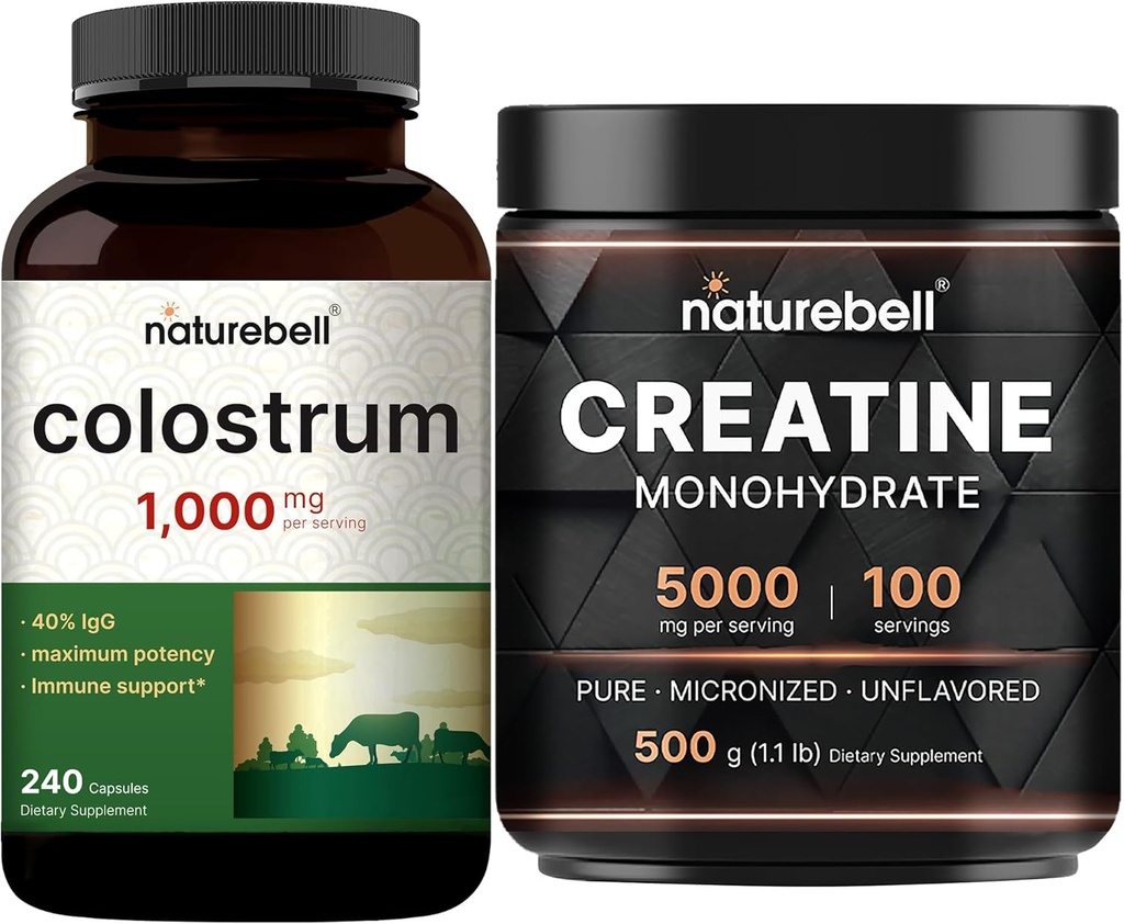 NatureBell Creatine Monohydrate Popper & Colostrum 240 Capsules 1.000mg Per Serving Bundle Pack: 124; Absorpsi Tinggi Micronized Creatine 124; Susu Pertama Ibu dari Rumput Fed Bovine
