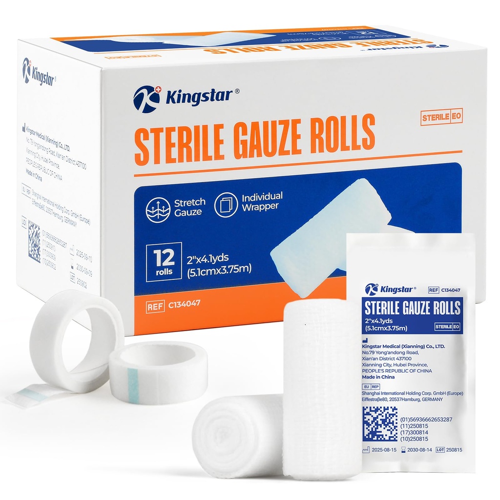 Kingstar Sterile Gauze Rolls 2in x 4.1 Yards, 12 Pack Conforming Stretch | Gauze Bandage, Firm Support for Dressings and Splints, Latex-Free First Aid Supplies Individually Wrapped with Bonus Tape