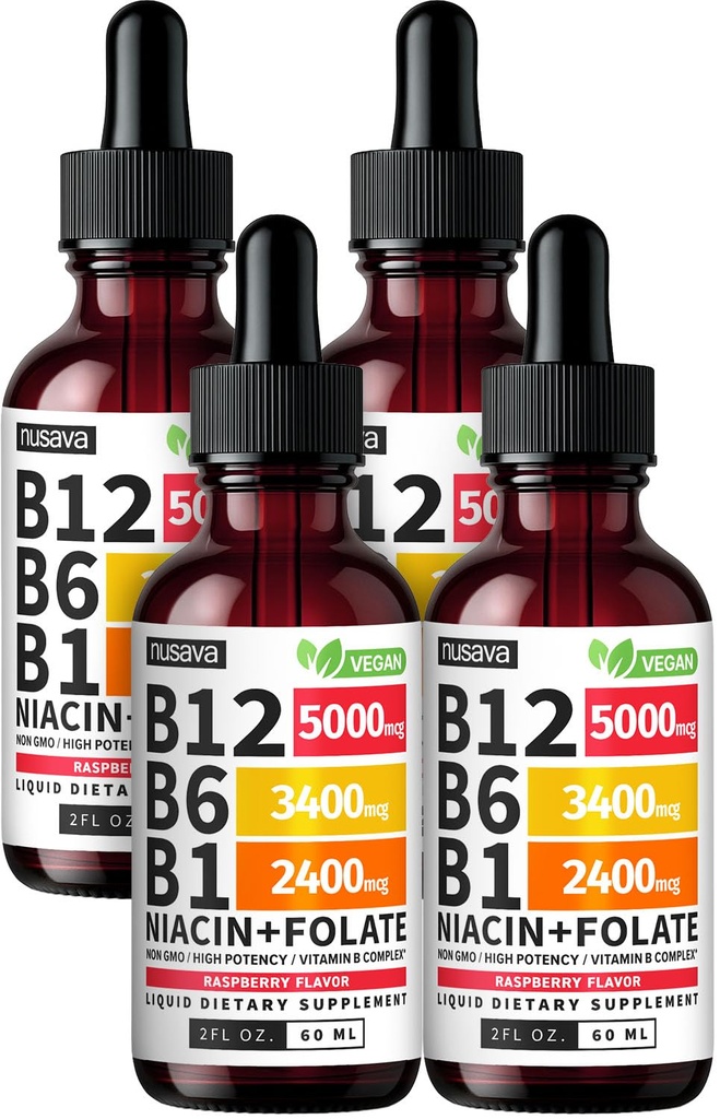 (4 Paket) Vitamin B12 dan B6 Liquid Drops, B12 Sublingual Vitamin B Kompleks - B 12 Vitamin 5000mcg - B12 Methylcobalamin untuk Energi, Otak, dan Heart Dukungan dengan 27.200 mcg, Raspberry, 80 Servis