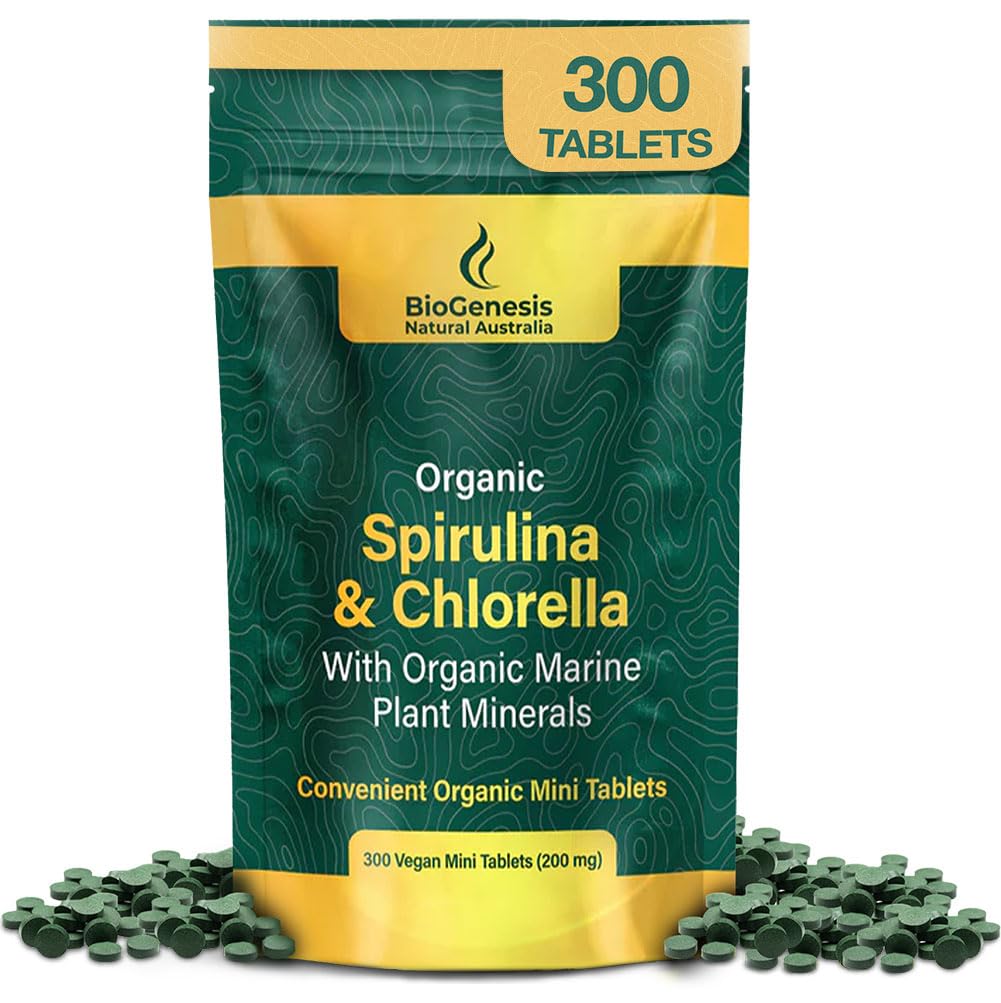Biogenesis Spirulina, Chlorella & Marine Plant Mineces - 300 Cacah (200 mg) 124; Australia Grown Algae Superfood 124; Dukung Energi & Kekebapakan 124; Vegan Mini Tablet